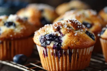 Blueberry muffins with tall golden tops on a cooling rack