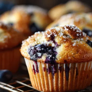 Blueberry muffins with tall golden tops on a cooling rack