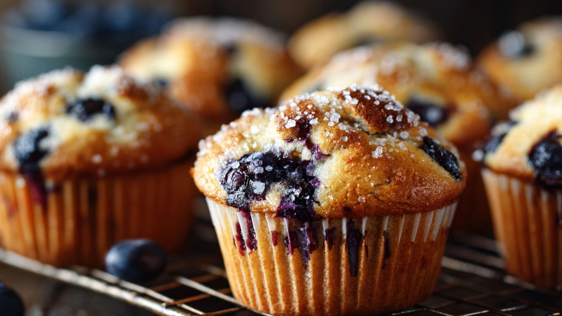 Blueberry Muffins: 7 Irresistible Tips for Bakery-Style Results 2 Blueberry muffins with tall golden tops on a cooling rack