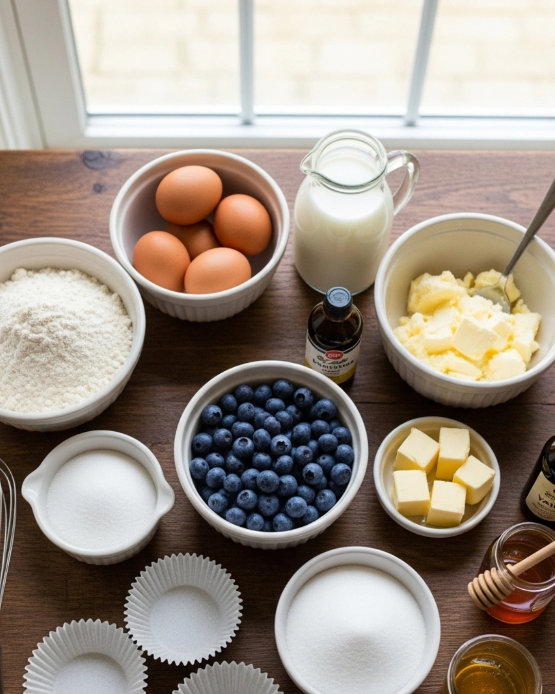 Ingredients for blueberry muffins on a wooden counter