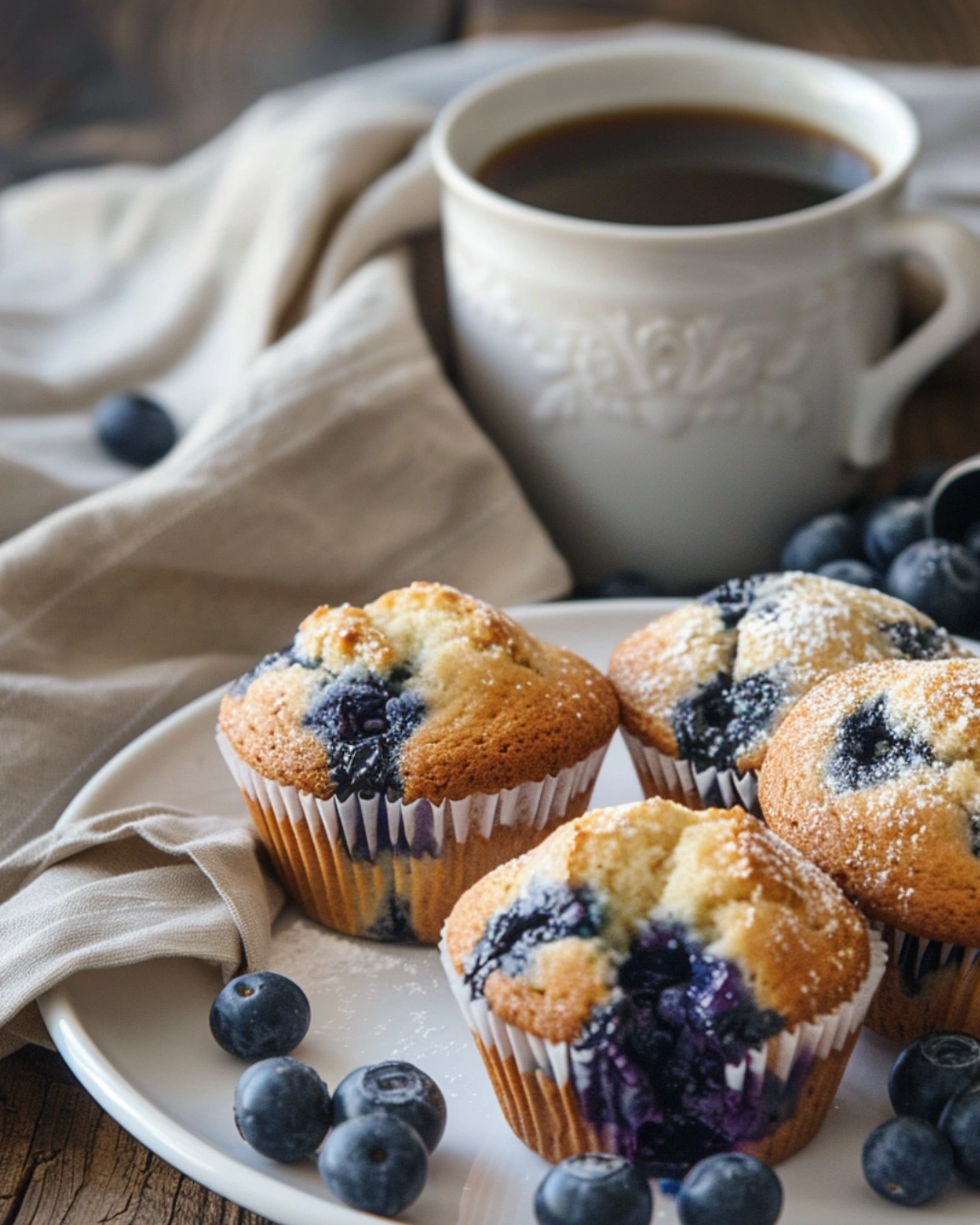 Blueberry muffins served on a plate with coffee