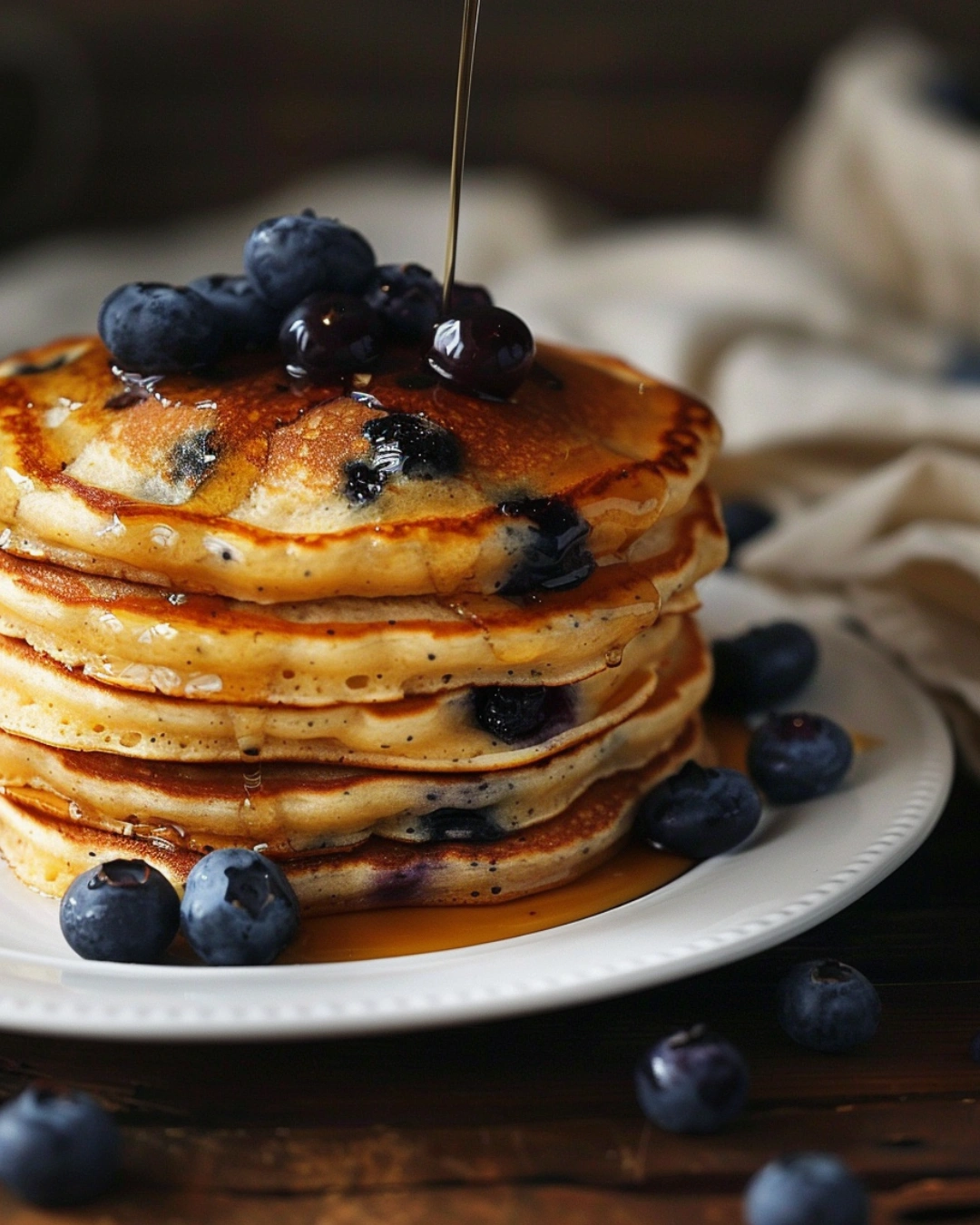 Blueberry buttermilk pancakes served with syrup and berries