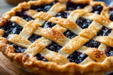 Blueberry pie recipe with flaky lattice crust and thick bubbling filling