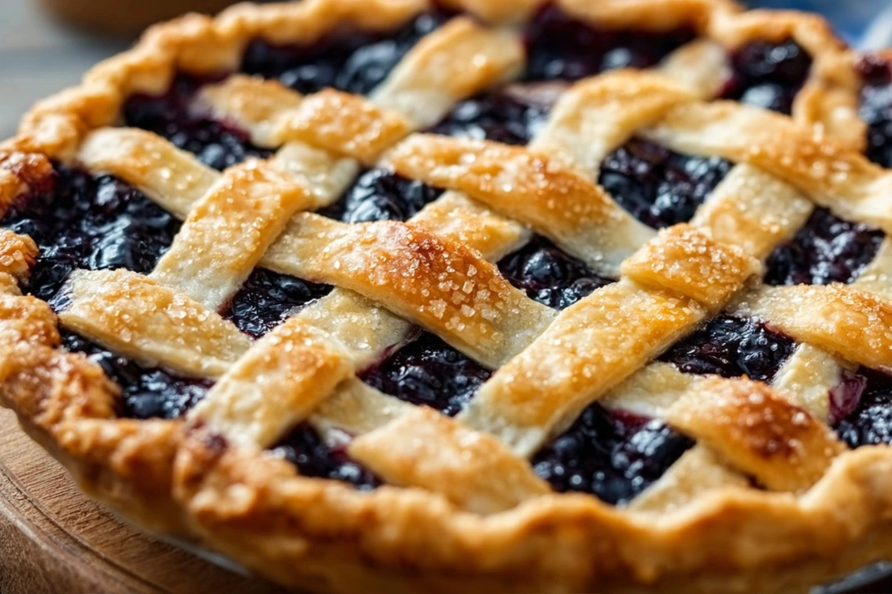 Blueberry pie recipe with flaky lattice crust and thick bubbling filling