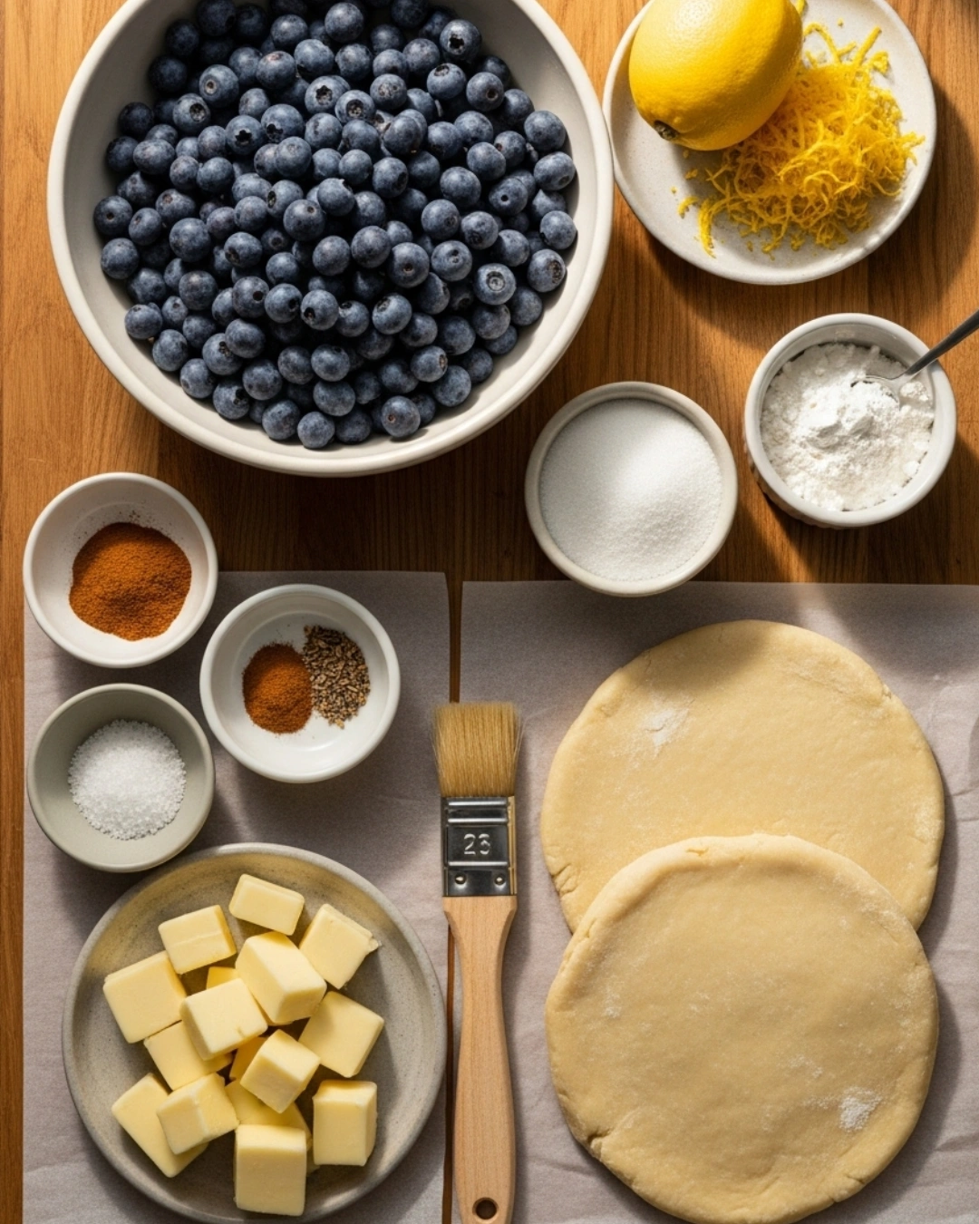 Ingredients for blueberry pie recipe including fresh blueberries and pie crust