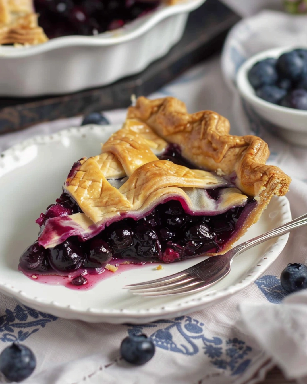 Slice of blueberry pie recipe with thick glossy filling and flaky crust