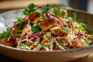 Cabbage with crunchy chicken salad in a bowl