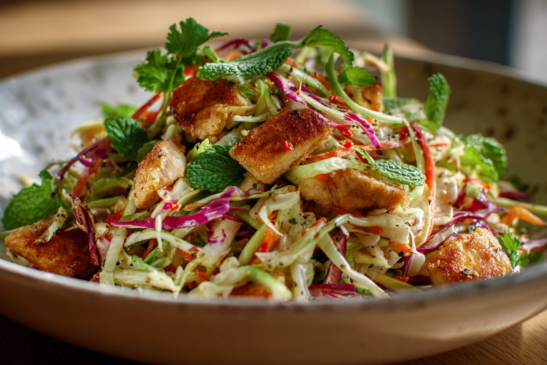 Cabbage with crunchy chicken salad in a bowl