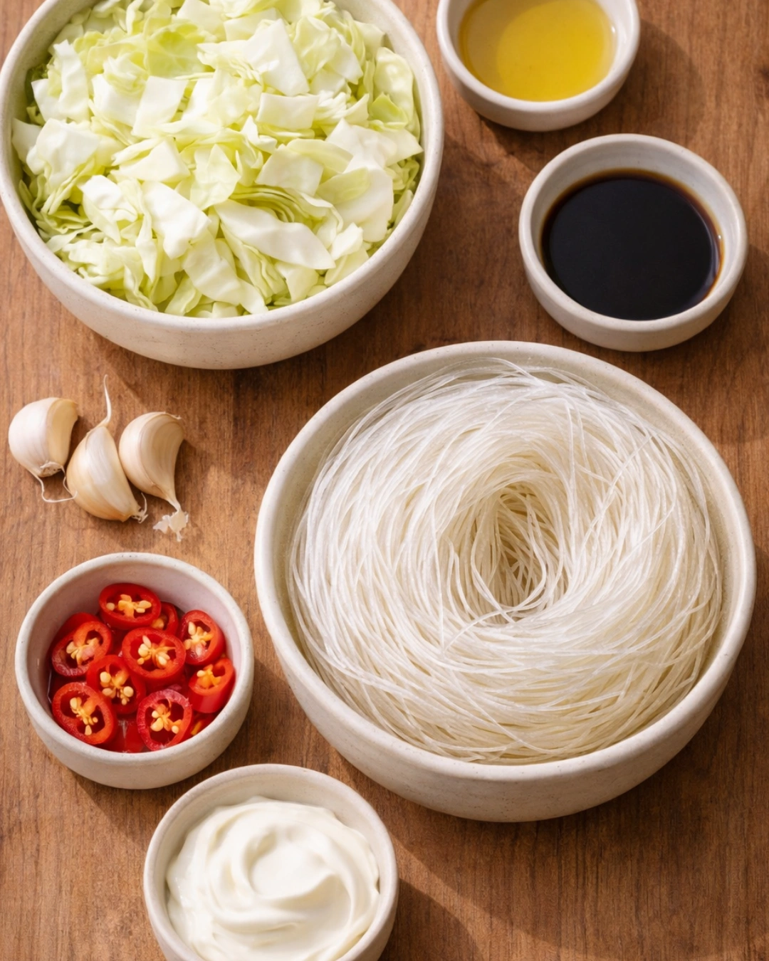 Ingredients for cabbage glass noodles stir fry