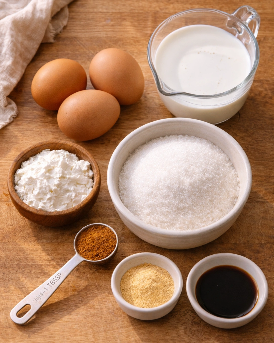 caramel pudding ingredients flat lay