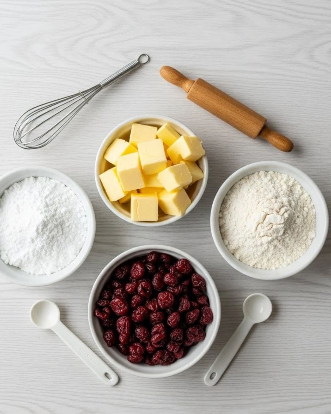 Cherry snowball cookie ingredients in cozy kitchen style