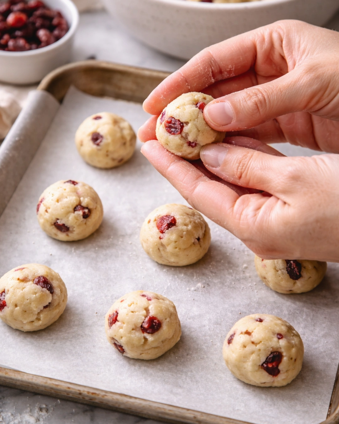 Shaping cherry cookie dough into round balls