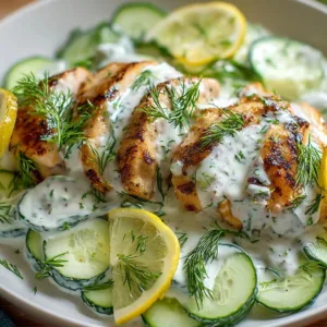 Chicken with Creamy Cucumber Salad on plate