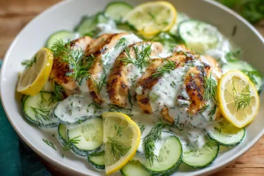 Chicken with Creamy Cucumber Salad on plate