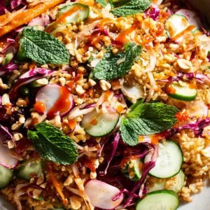Chili Crispy Rice Salad in a wide bowl with colorful vegetables, crispy rice, peanuts, and Thai chili dressing.
