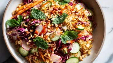 Chili Crispy Rice Salad in a wide bowl with colorful vegetables, crispy rice, peanuts, and Thai chili dressing.