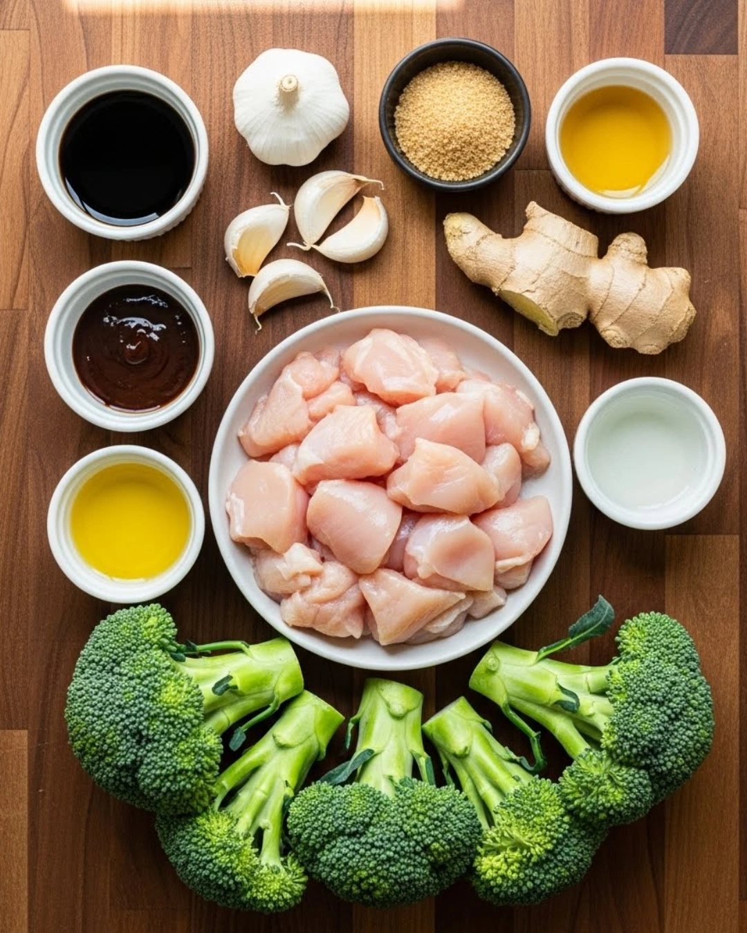 Ingredients for Chinese Chicken and Broccoli neatly arranged on a kitchen counter