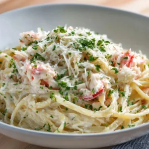Copycat Red Lobster Crab Alfredo in a white bowl with Parmesan