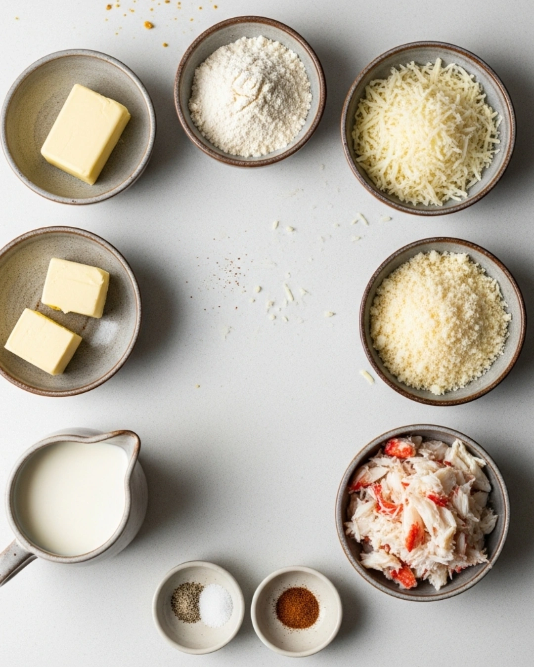 Alfredo sauce and crab ingredients laid out on counter
