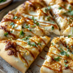 Cozy-style Crab Rangoon Pizza with sweet chili drizzle