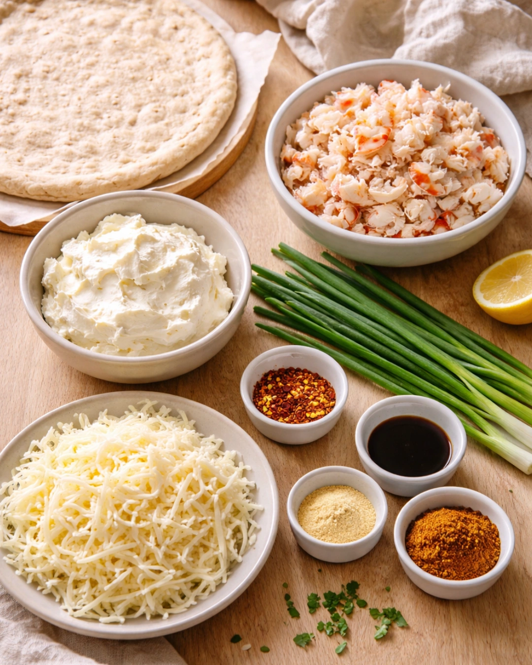 Ingredients for Crab Rangoon Pizza in a cozy kitchen
