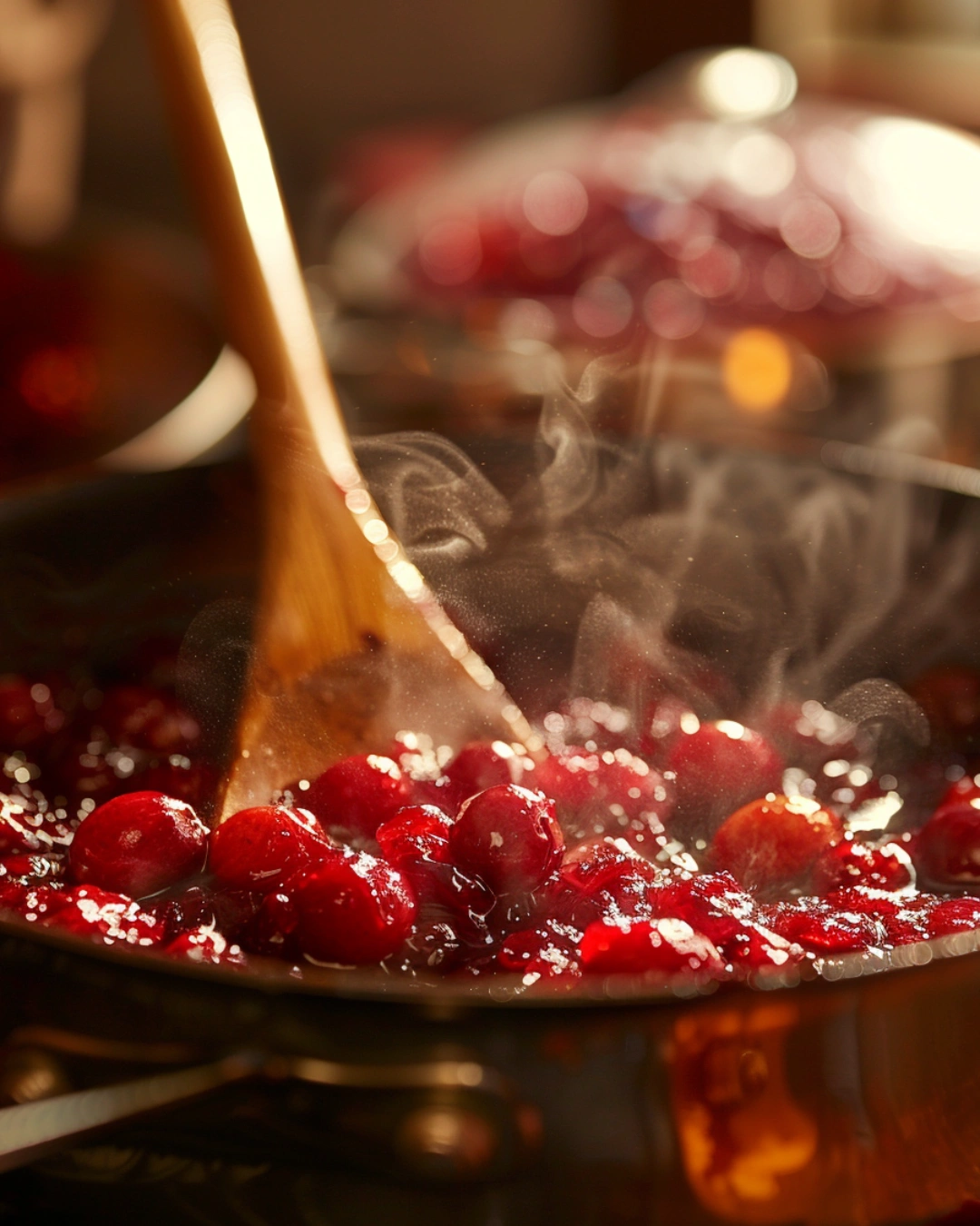 Cranberry sauce simmering in a saucepan with steam rising