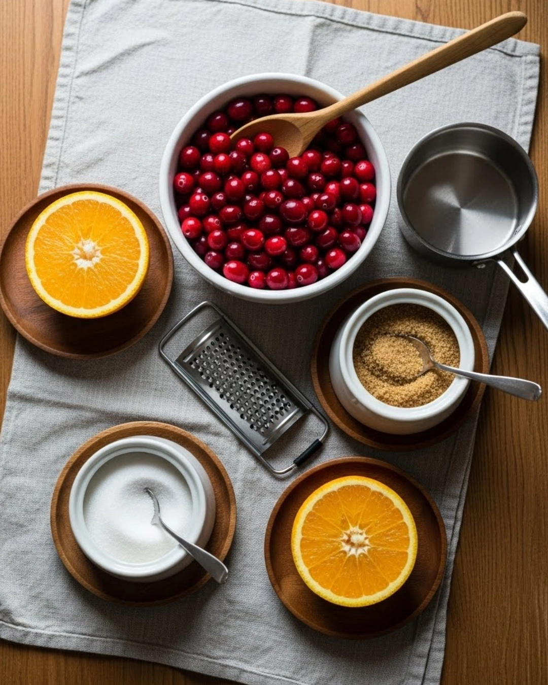 Ingredients for homemade cranberry sauce arranged on a wooden table