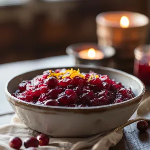 Cranberry sauce served in a ceramic bowl with orange zest garnish