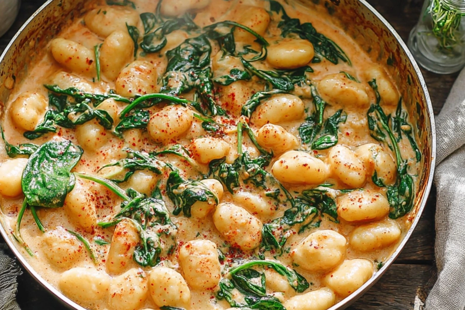 Creamy gnocchi with spinach and feta served in a cozy modern bowl