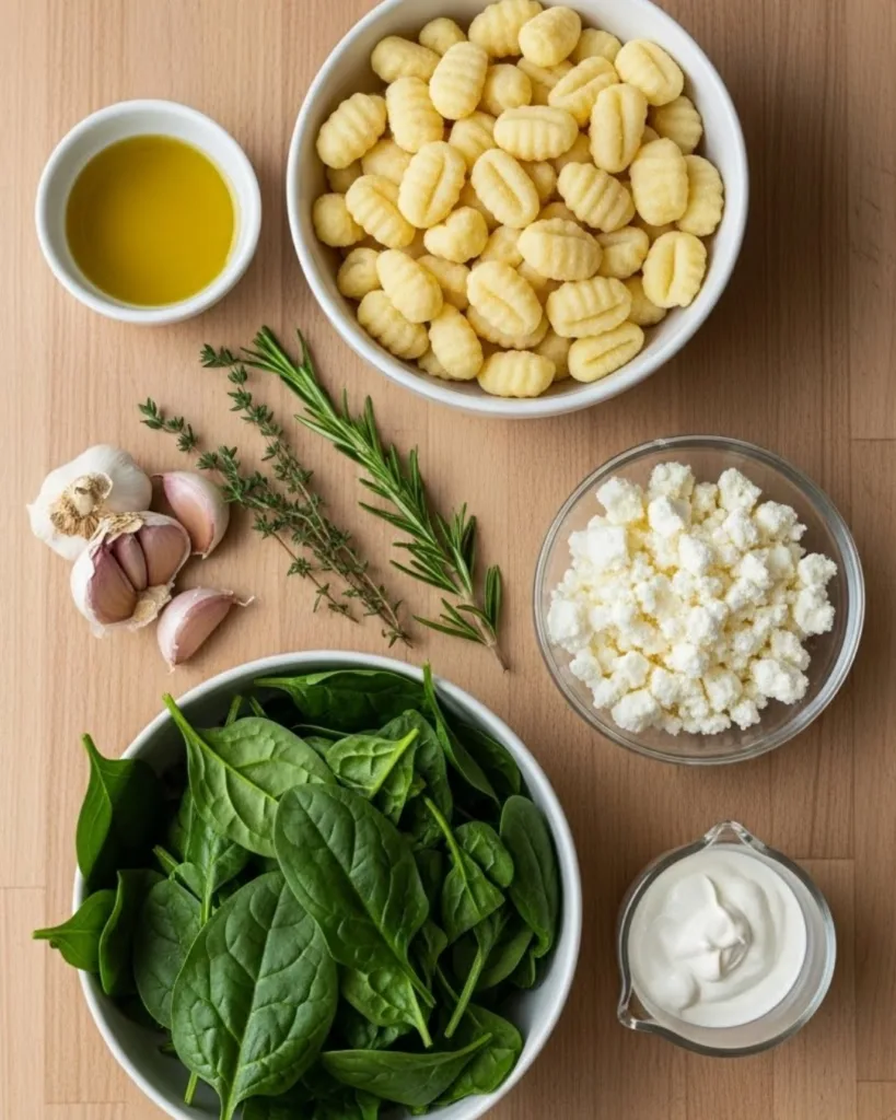 Ingredients for creamy gnocchi with spinach and feta laid out on a rustic table