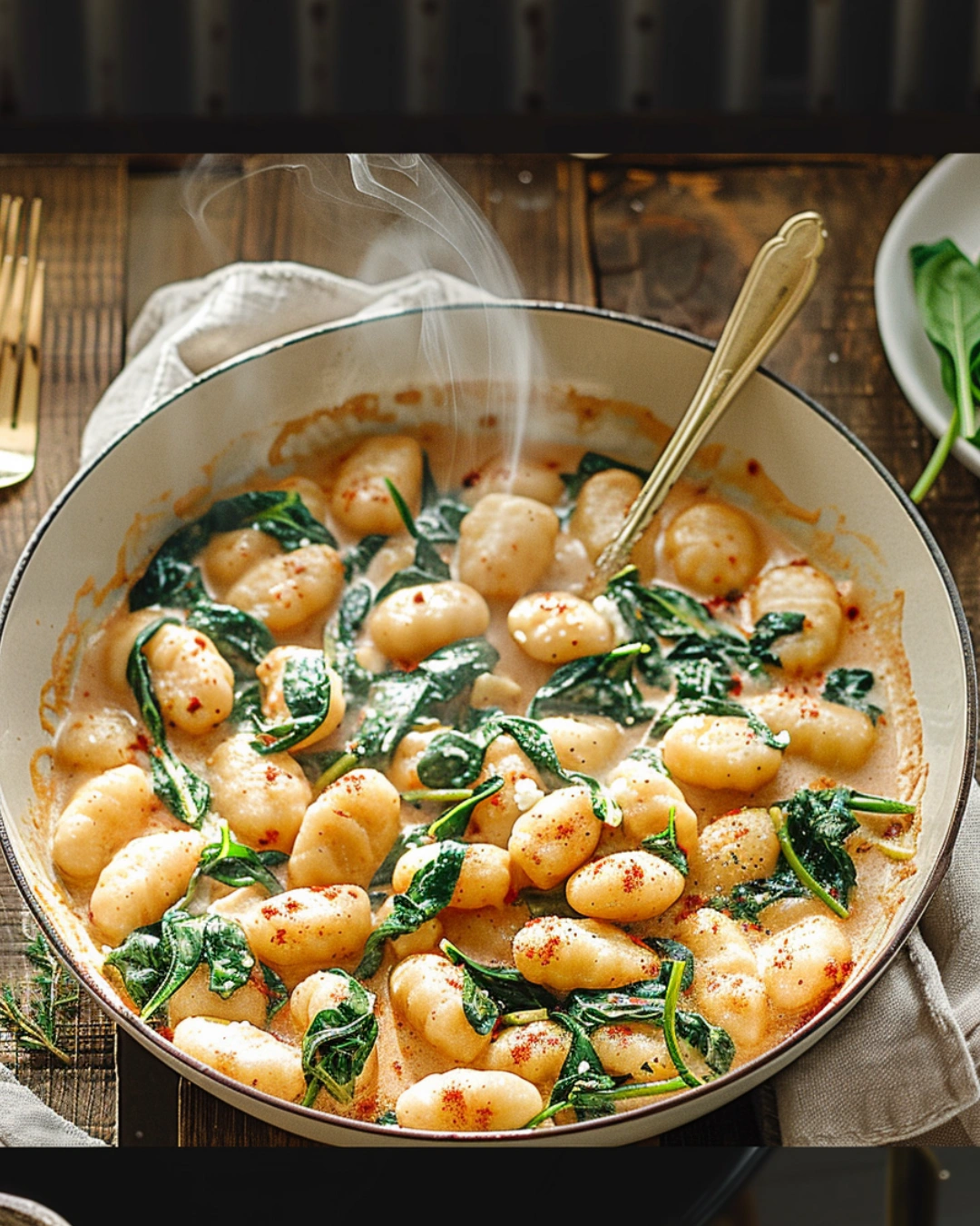 Serving creamy gnocchi with spinach and feta in a modern cozy kitchen