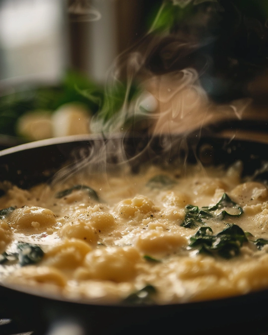 Creamy gnocchi with spinach and feta simmering in a skillet
