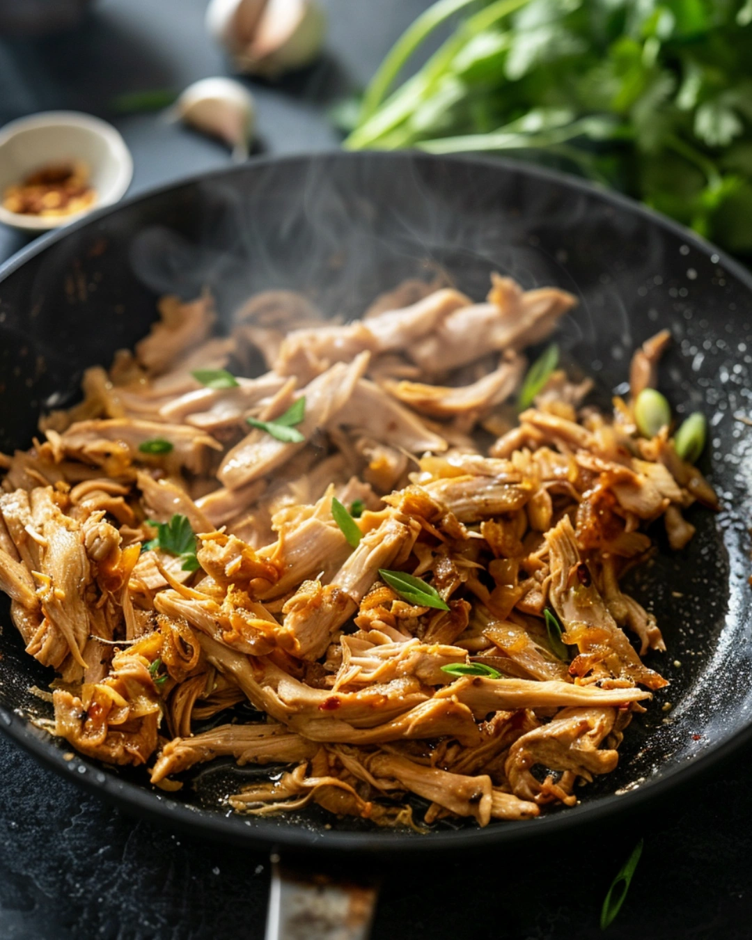 Shredded chicken crisping in skillet