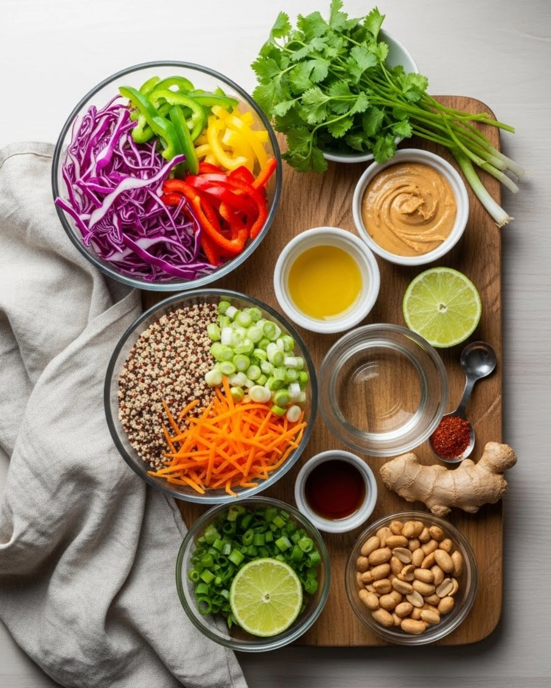 Ingredients for Crunchy Thai Quinoa Salad with Peanut arranged on a kitchen table