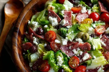 Easy Italian Chopped Salad in a wooden bowl