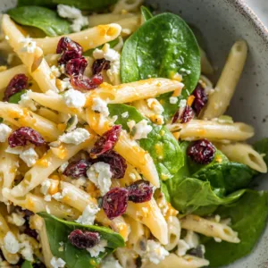 Feta & Cranberry Penne Salad in rustic bowl with orange vinaigrette