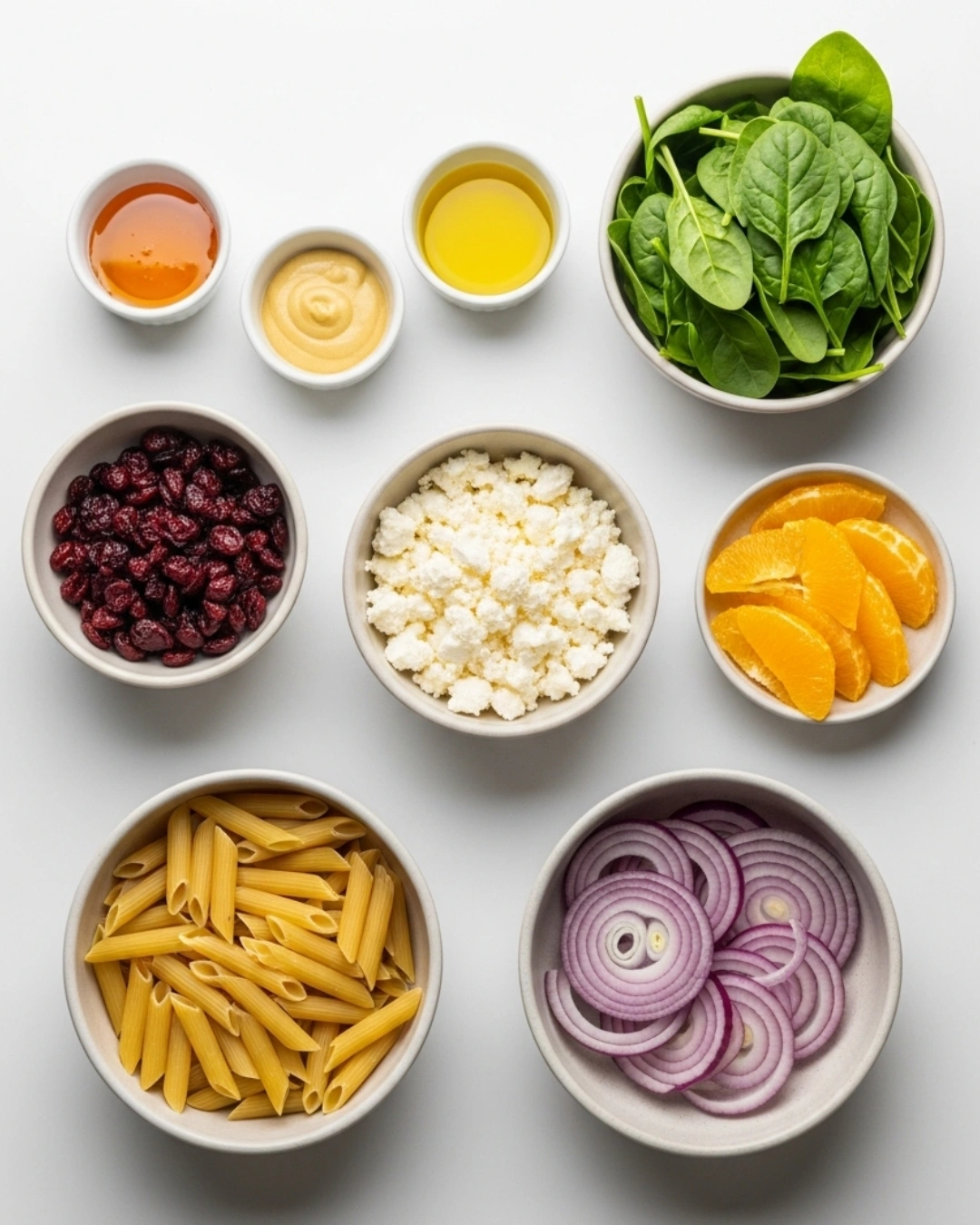 Ingredients for feta and cranberry penne salad on white surface
