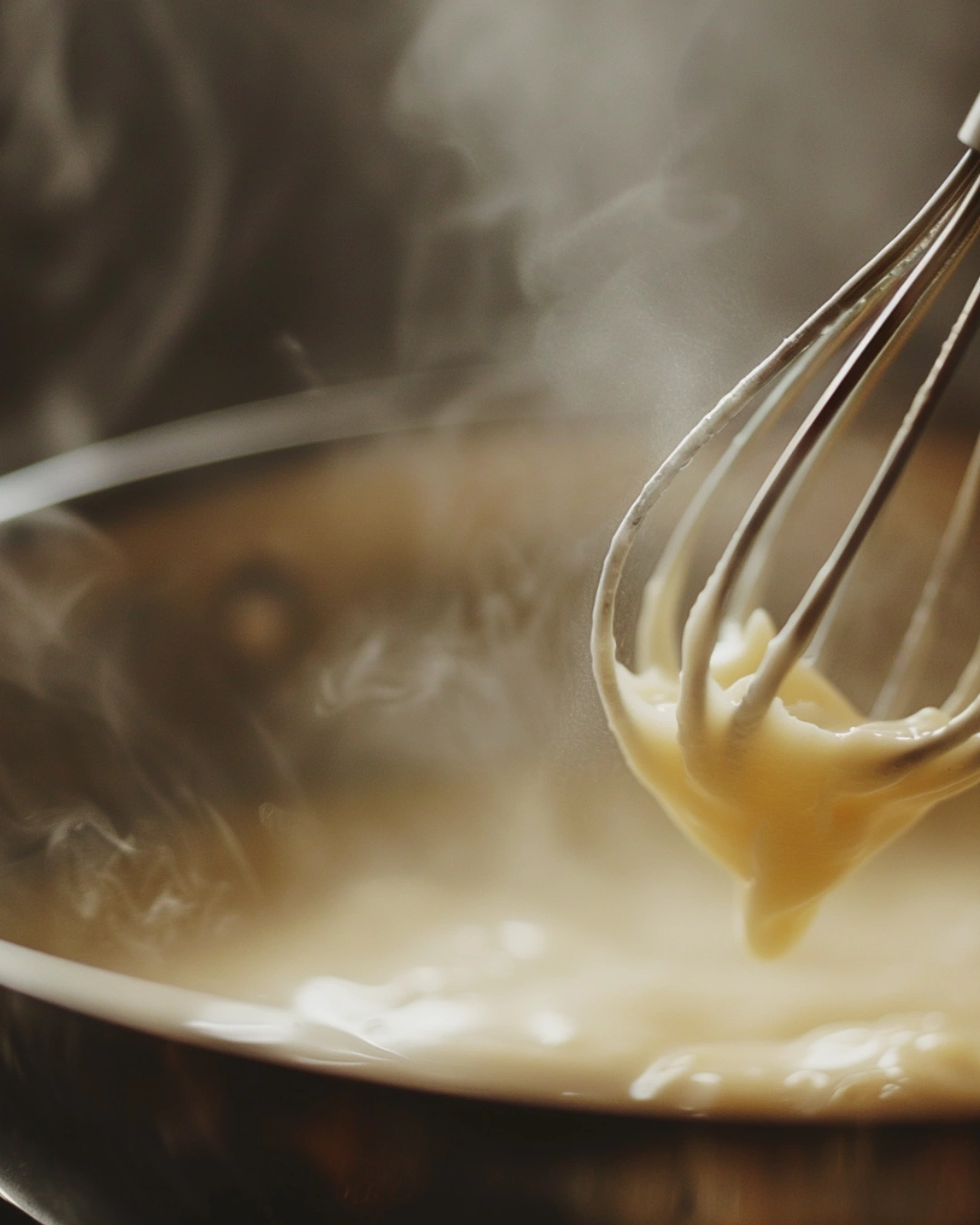 Whisk stirring creamy French vanilla sauce in saucepan