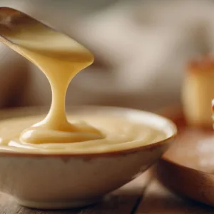 Homemade French vanilla sauce drizzling over cake