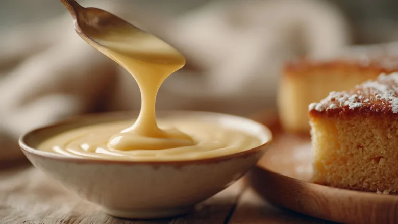 Homemade French vanilla sauce drizzling over cake