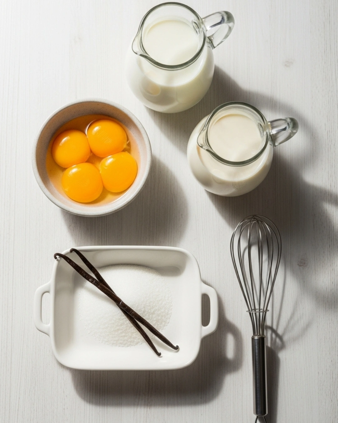 Ingredients for French vanilla sauce on wooden surface