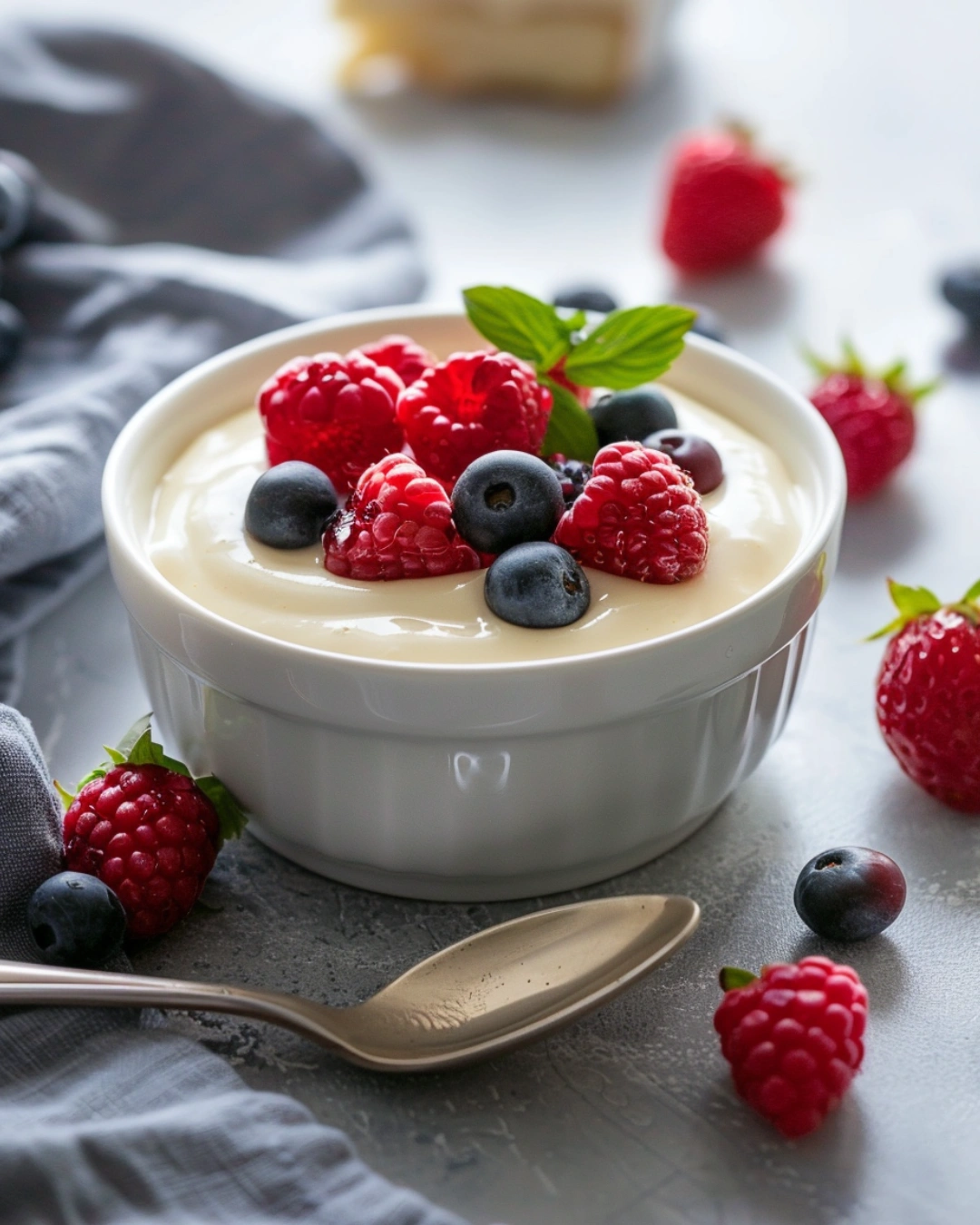 Bowl of French vanilla sauce served with berries and cake