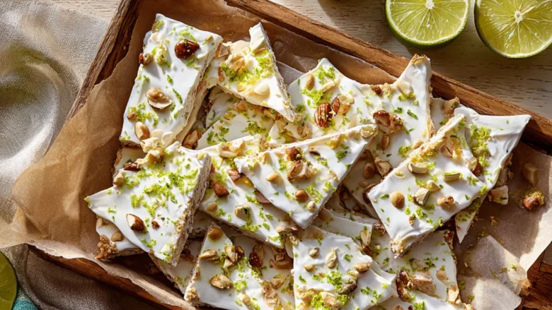 high protein key lime pie yogurt bark on rustic tray