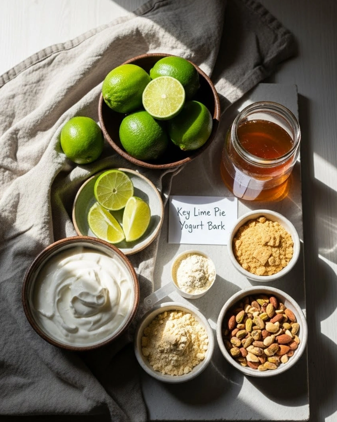 high protein key lime yogurt bark ingredients flat lay