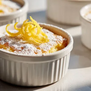 Modern lemon pudding cake in white ramekins with powdered sugar