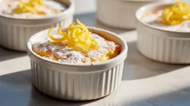 Modern lemon pudding cake in white ramekins with powdered sugar