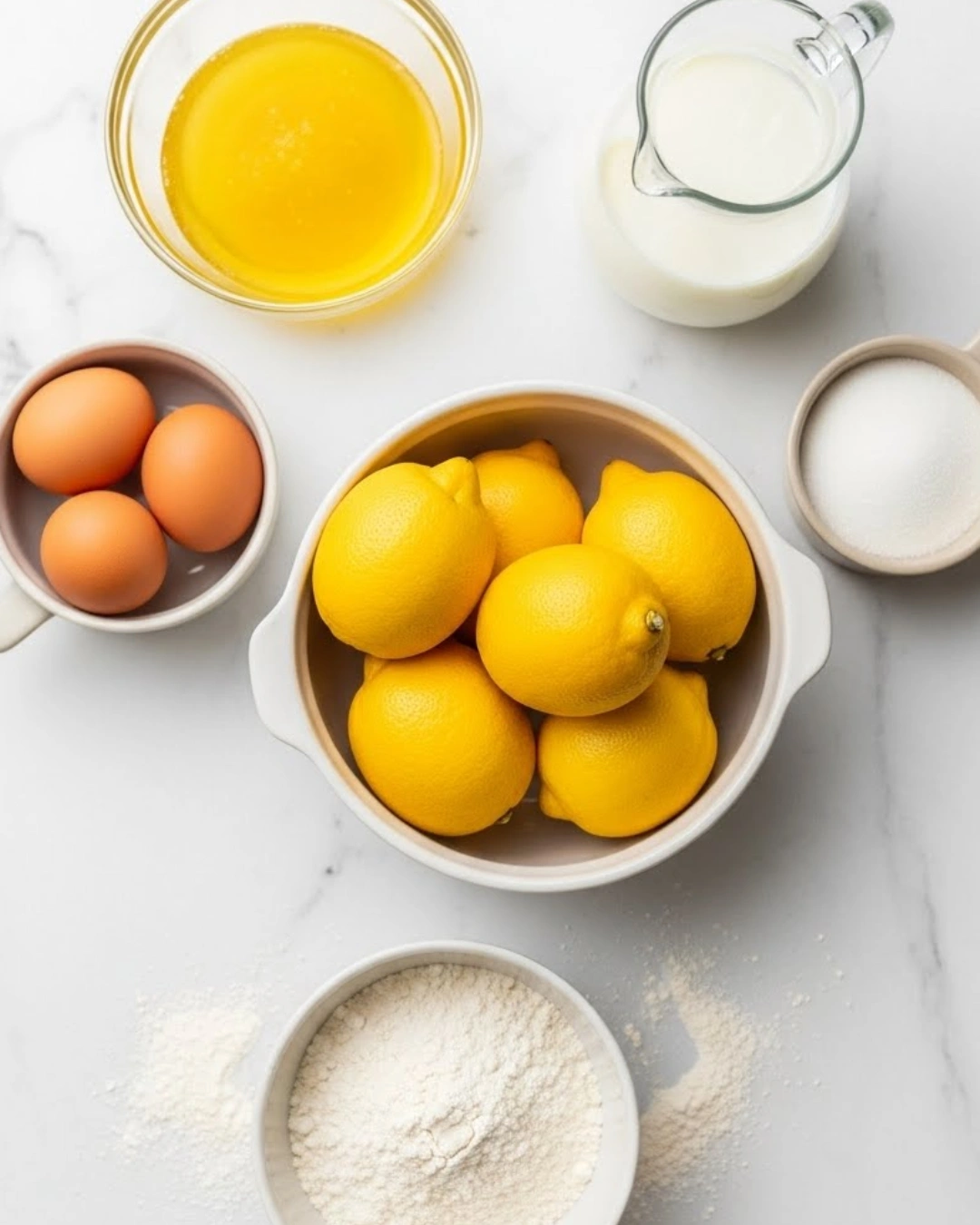 Modern flat lay of lemon pudding cake ingredients