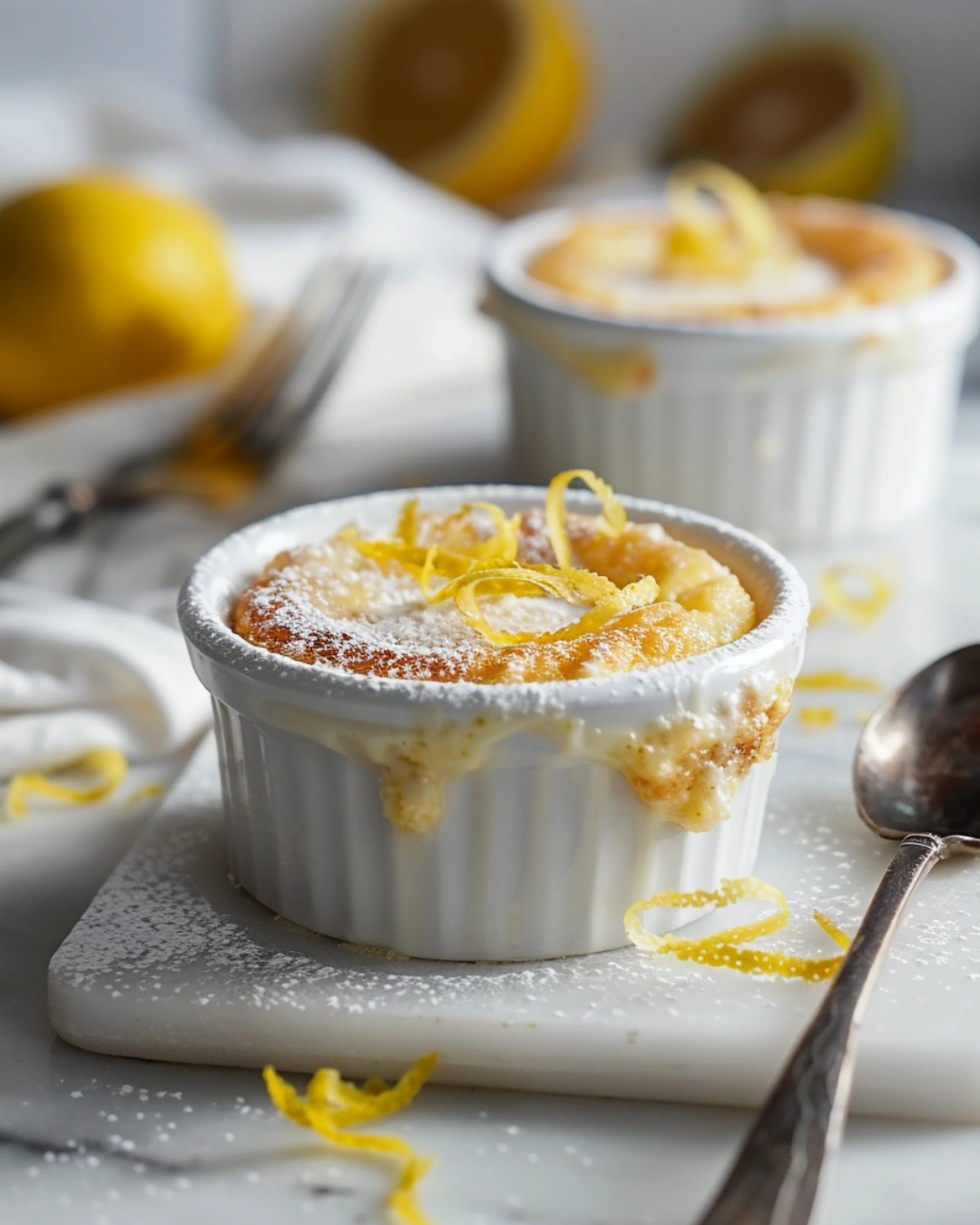 Modern serving of lemon pudding cake with lemon zest