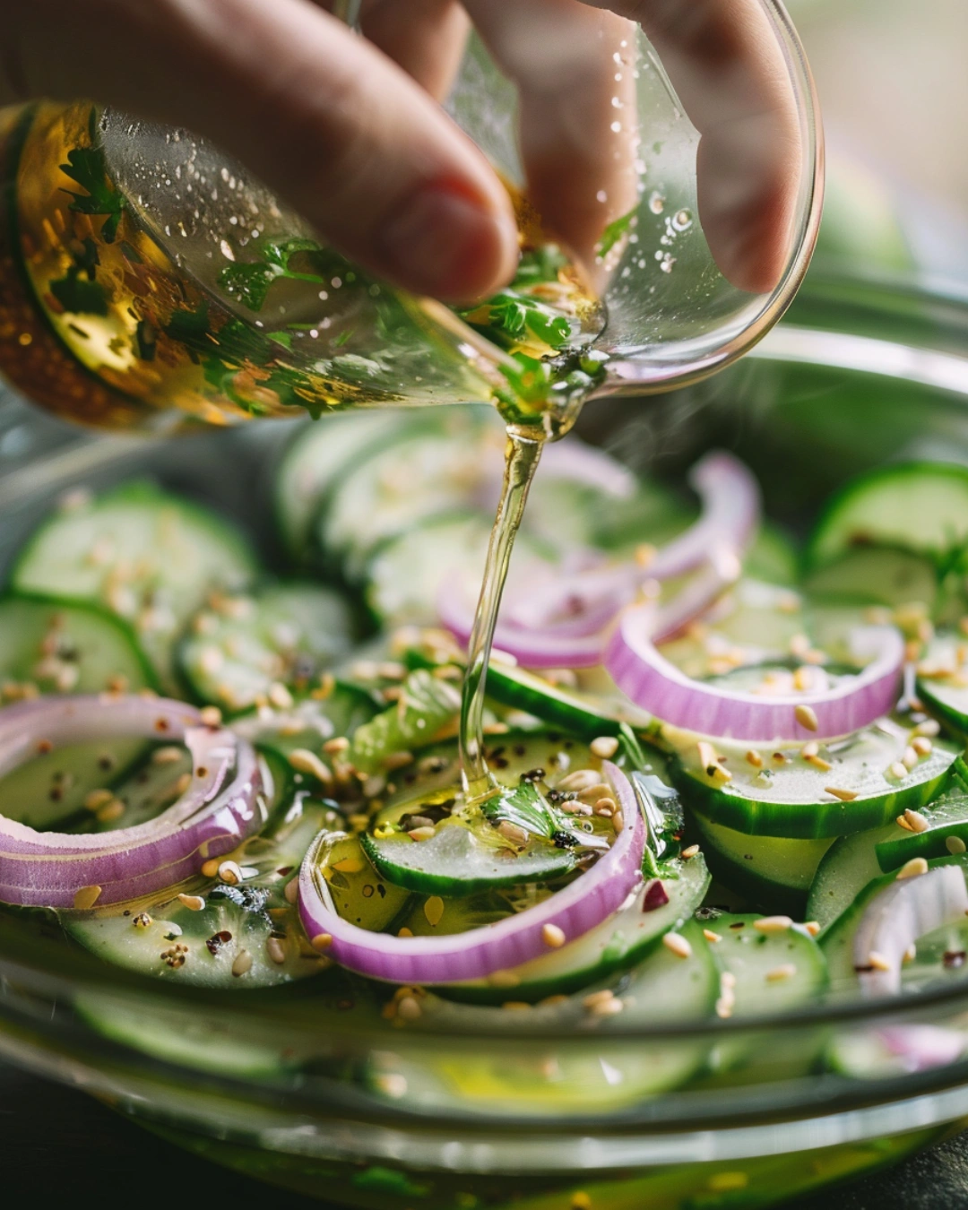 Pouring sesame-lime dressing over Thai cucumber salad