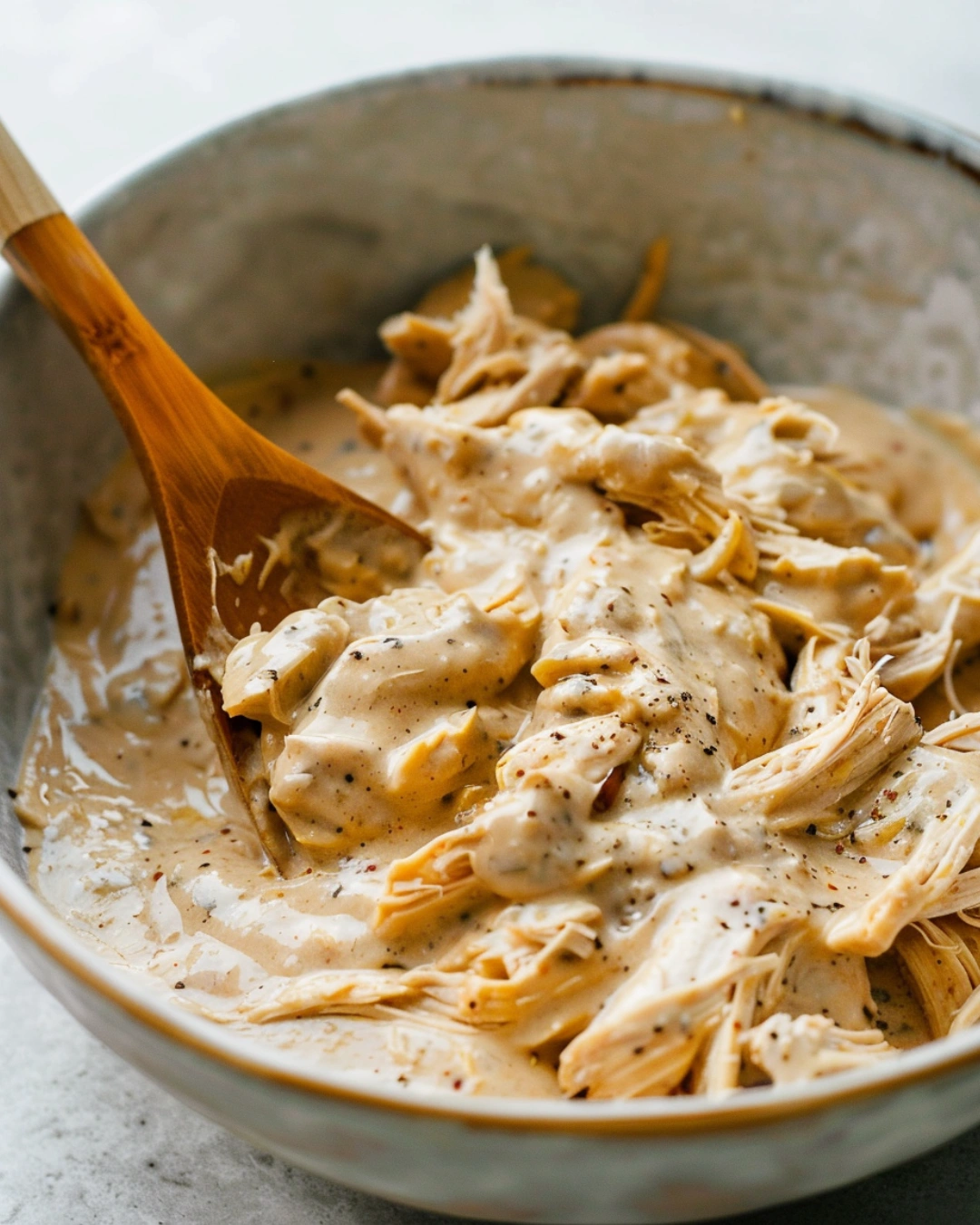 Mixing chicken casserole filling